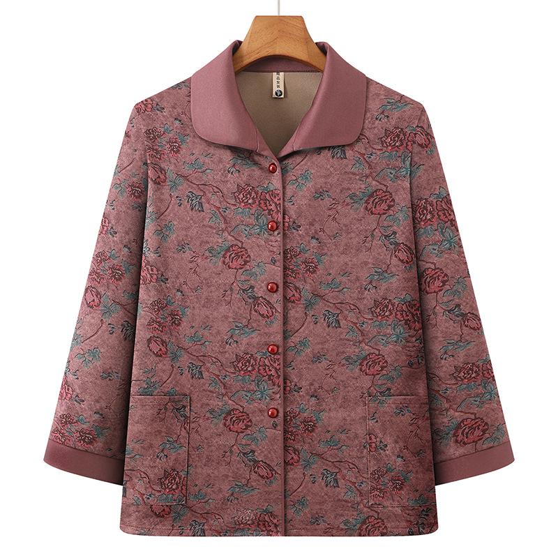 

Comfortable Loose Nine-Sleeve Lapel Top for Middle-aged and Elderly Women, Plus Size Spring/Autumn Wear 3XL (120-135 jin) рожевий