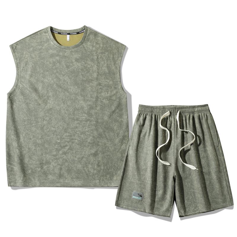 

Мужской комплект из двух предметов тай-дай больших размеров 2025: Летний повседневный костюм: жилет и шорты 9XL армия зеленый