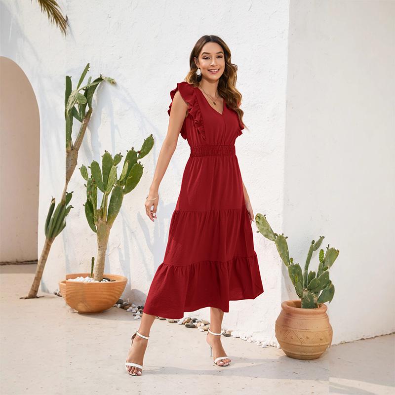 Women s V-Neck High Waist Tiered Ruffle Maxi Dress Casual Smocked Beach Vacation Long Dress S красный