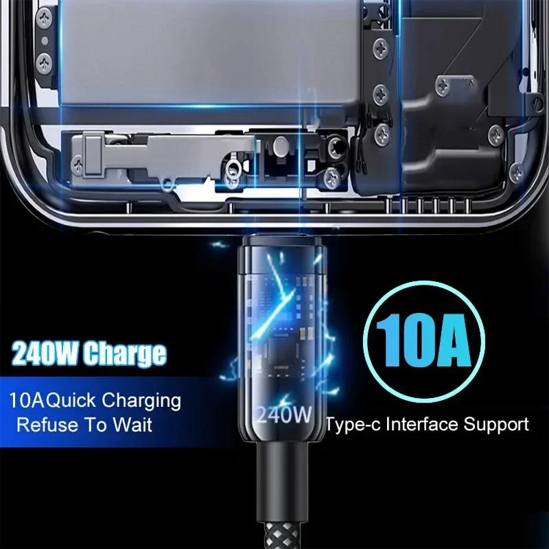 240W Super Fast Charging Cable USB C Interface Nylon Braided Transparent Type C High-speed Charger Wire Fast Charging Data Cord