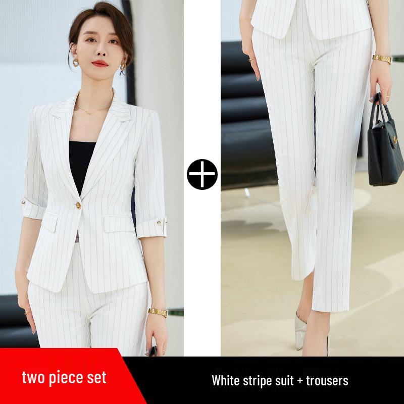 Women's White Striped Seven-Sleeve Suit Jacket - Professional Spring/Summer Fashion