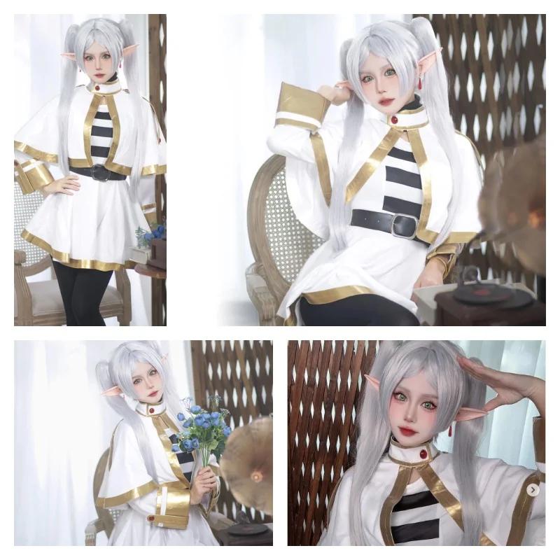 Sousou No Frieren Cosplay Kostüm Perücke Schuhe Anime Zauberer Kleid Elfenohr Halloween Party Charistmas für Frauen Mädchen