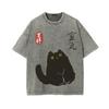 Vintage Lucky Black Cat Japanese Design Wash T-Shirt Fashion Pure Cotton Harajuku Tees Oversized Holiday Kpop Korean Style