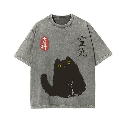 Vintage Glückskatze Schwarzes Japanisches Design Wasch-T-Shirt Mode Reine Baumwolle Harajuku T-Shirts Übergroß Urlaub Kpop Koreanischer Stil
