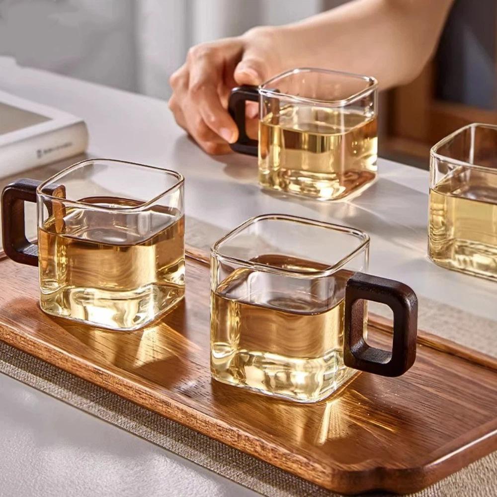 Stylish Thicken Glass Coffee Mug Wooden Handle Heat-resistant Espresso Cup Mini Square Office Water Cup Tea Ceremony