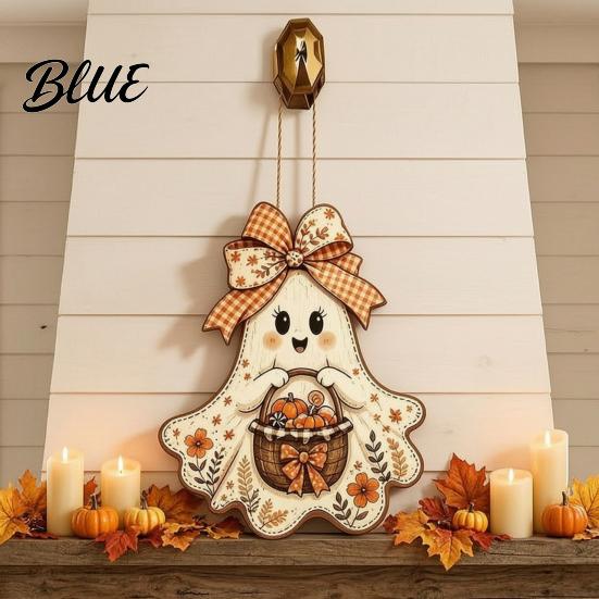 Autumn Porch Hanging Ornament Cute Bow Ghost Sign Rustic Retro Floral Door Sign with Pumpkin Outdoor Fall Entryway Basket Vintage Halloween