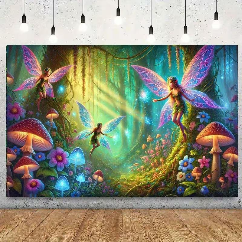 2D Magical Forest Fairies with Sparkling Lights Kids Birthday Party Backdrop