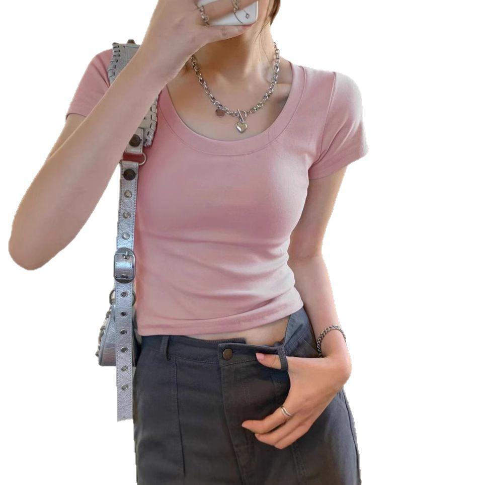 Dámské bavlněné tričko slim fit s kulatým výstřihem - Jednobarevné, s krátkým rukávem, zakrývající maso, ideální na léto