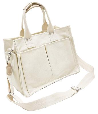 Laquest Canvas Tote Bag with Pockets, Multi-Storage, Canvas Shoulder Bag, Women's Handbag (White)