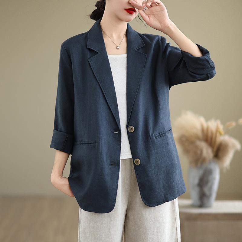 Autumn New Cotton and Linen Artistic Loose Fitting Suit Collar Long Sleeved Small Suit Jacket Tempering Women's Top