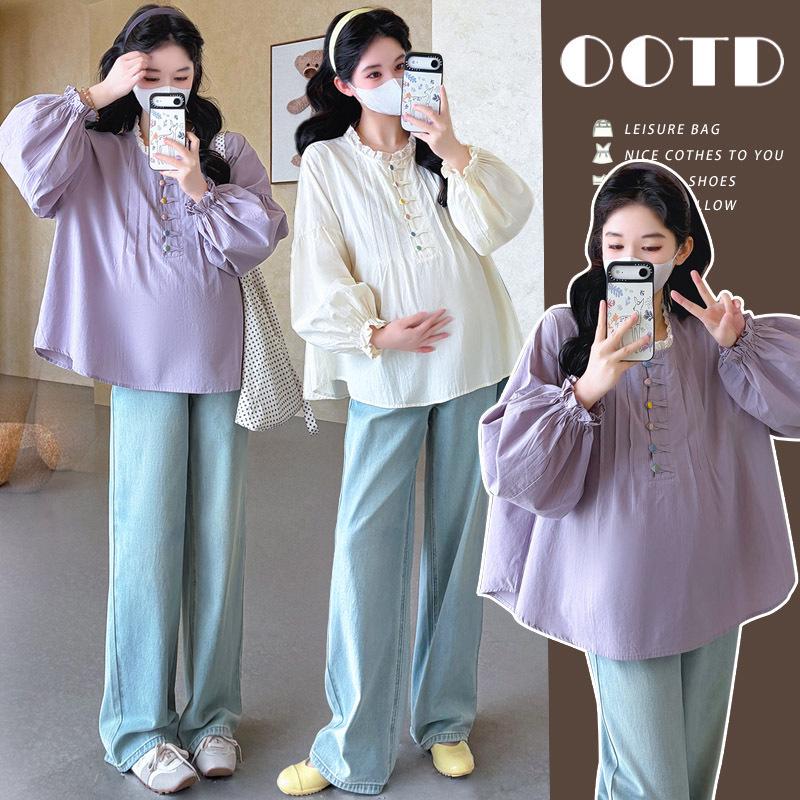2026 Spring Maternity Lace Patchwork Long Sleeve Shirt with Colorful Buttons - Loose and Slimming Fit XL