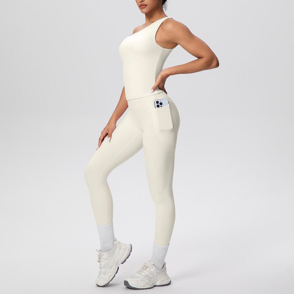 European & American Solid Color One-Shoulder Sports Vest & High-Waisted Pocket Yoga Pants Fitness Set for Women
