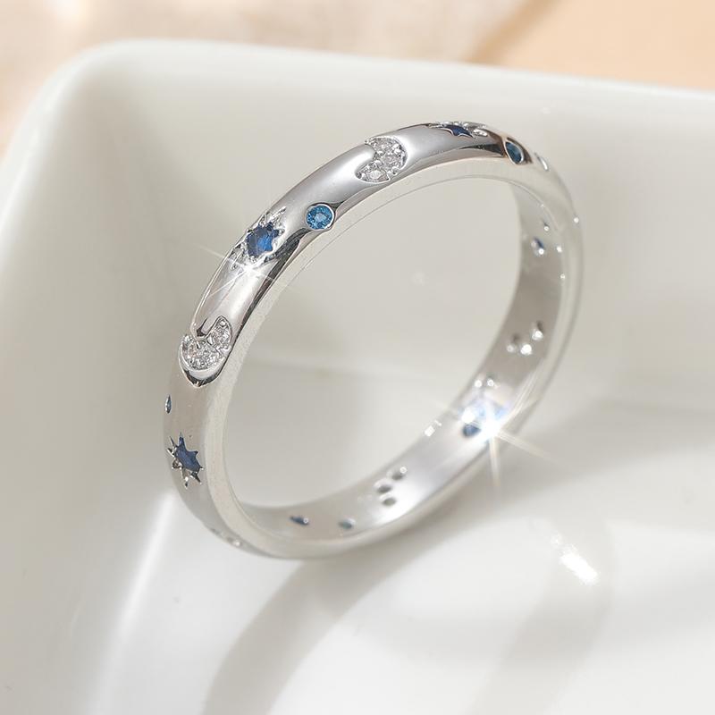 Elegant CopperColor Star Moon Inlaid White Blue CZ Women's Ring Daily Wear Party Jewelry