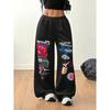 Womens Streetwear Wide Leg Pants With Print - Hip Hop Dance Loose Fit High Waist Trousers