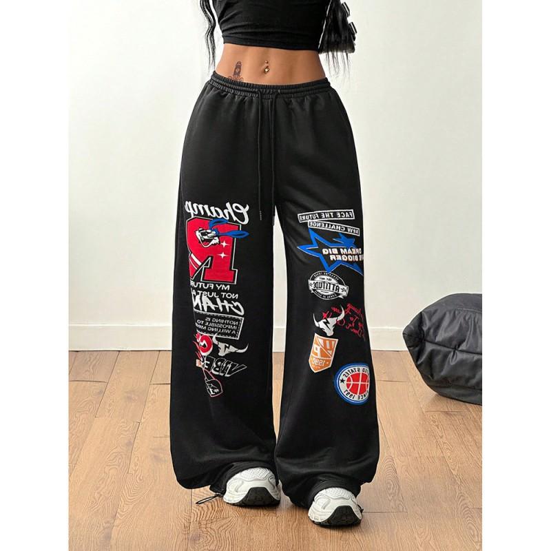Womens Streetwear Wide Leg Pants With Print - Hip Hop Dance Loose Fit High Waist Trousers