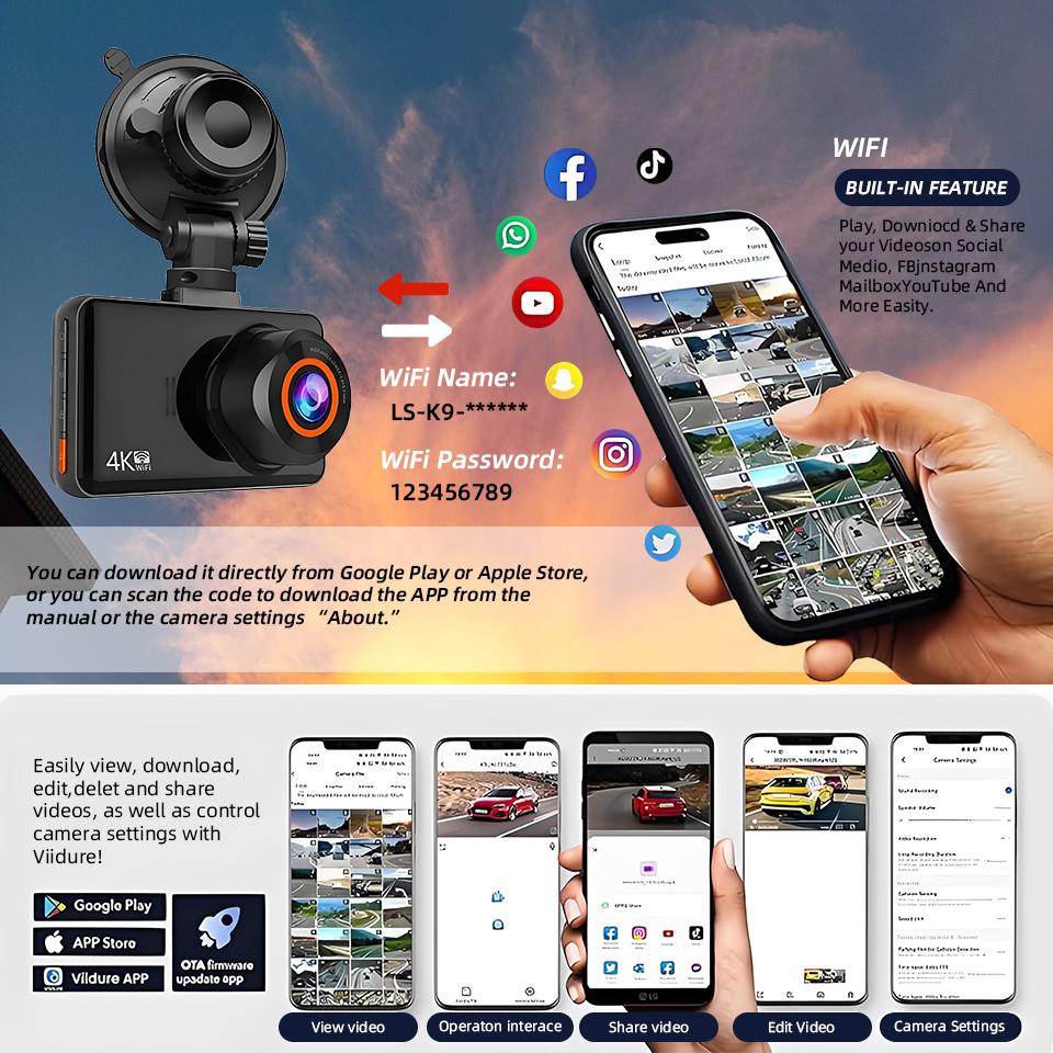 E-ACE Dash Cam 4K+2.5K Doppio Canale Car Dvr Supporto WIFI GPS Visualizzazione Velocità Parcheggio 24h Registrazione Ciclica Visione Notturna Scatola Nera