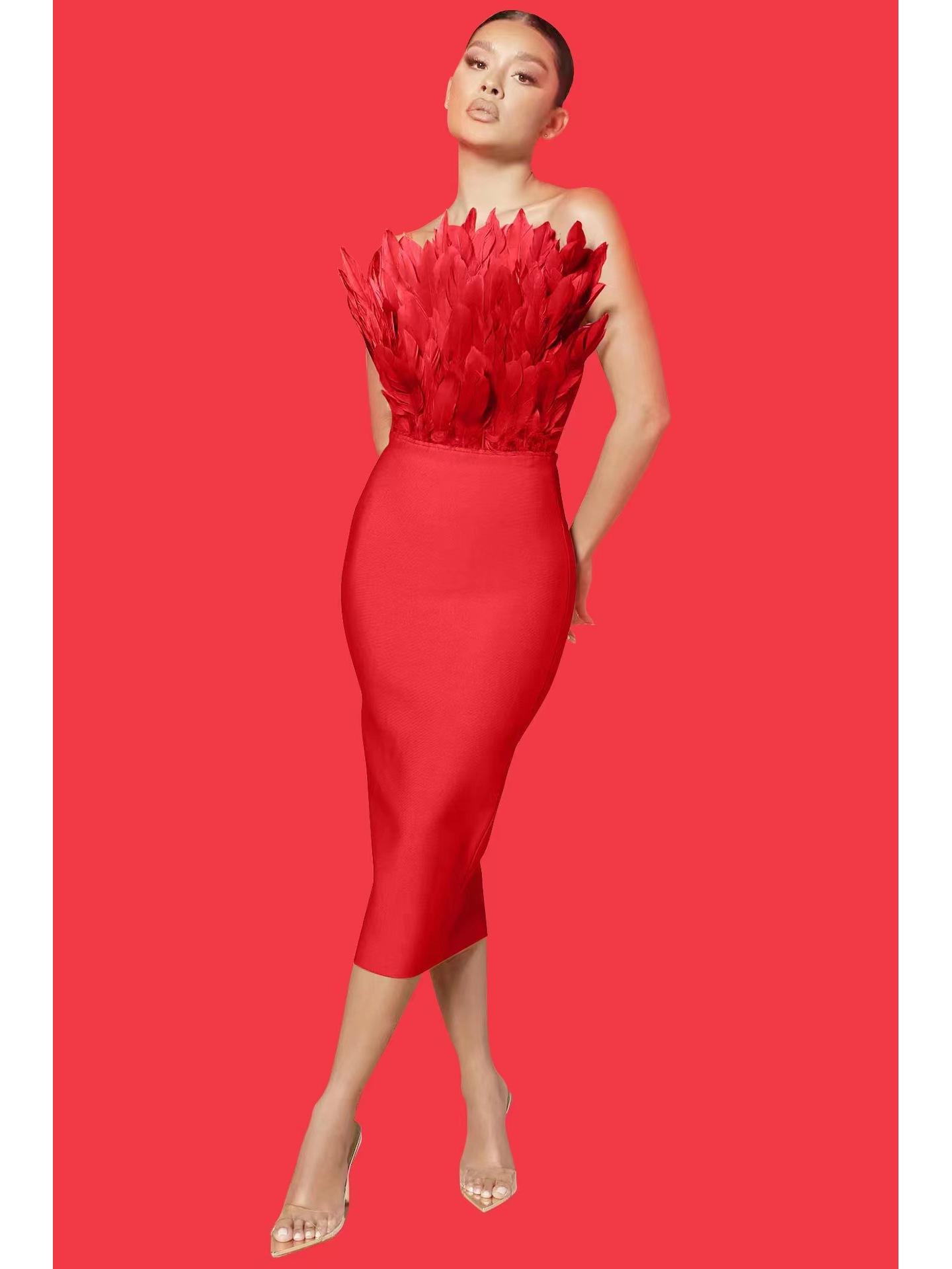 

Женское платье-труба с бандажом из страусиных перьев в европейском и американском стиле Large красный