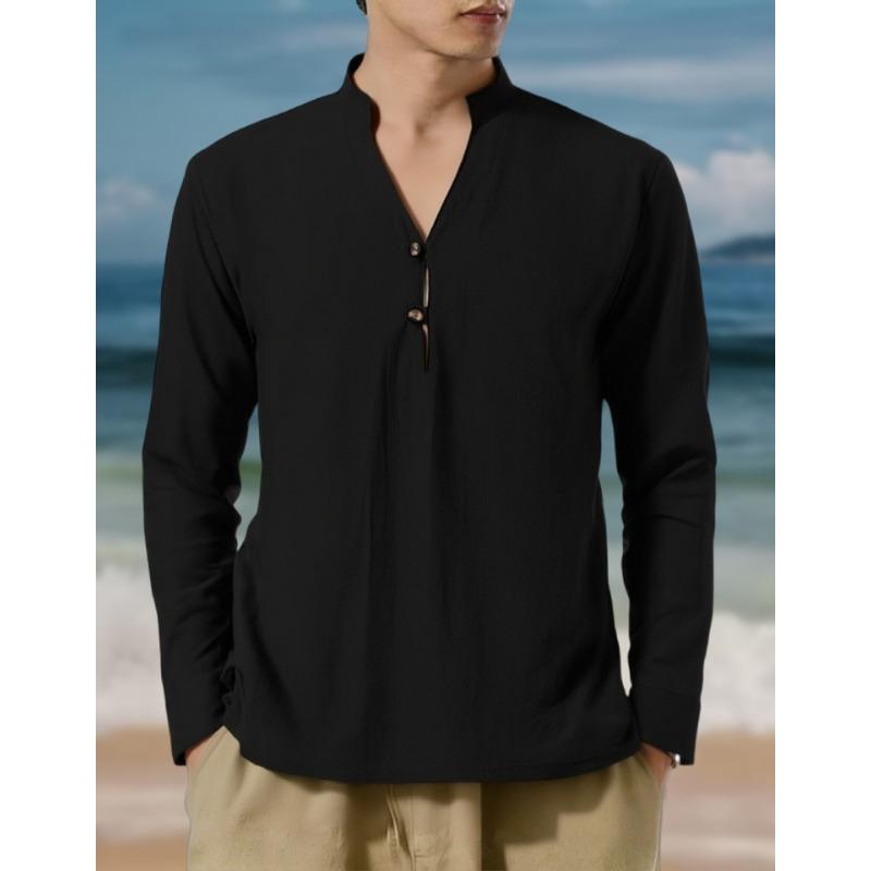 Men Stand Collar Long Sleeve Casual Shirt S чёрный