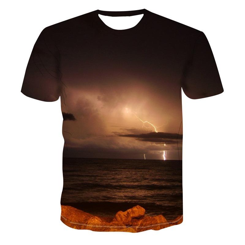2024 Pánské tričko s 3D potiskem Tričko s potiskem krajiny s blesky Kulatý výstřih Plážová trička Pánské tričko Léto