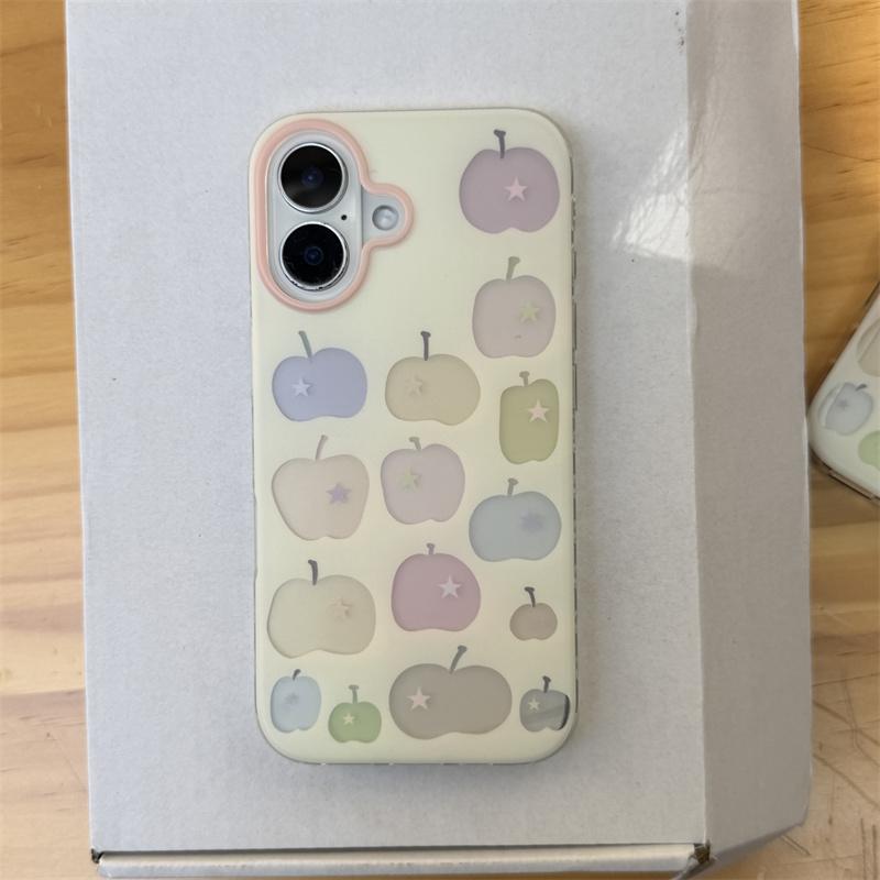 Cute Pastel Apple Print Phone Case For iPhone 17 16 15 14 Pro Max Kawaii Star Grip Stand Protective Cover for Girls