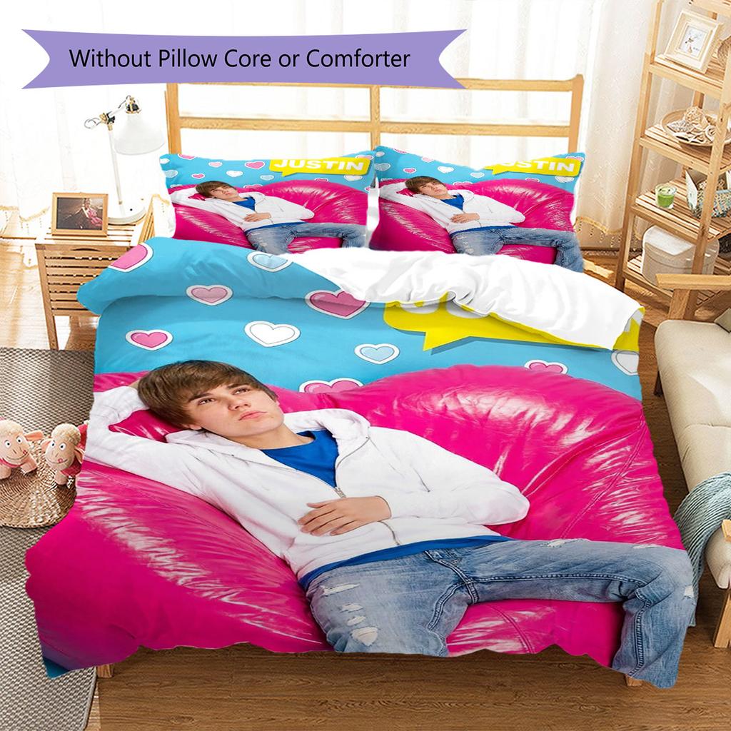 Justin Drew Bieber Pattern Bedding,Quilt Set Quilt Cover Pillowcase Home Birthday Gift(1 * duvet cover + 2 * pillowcase, without core)