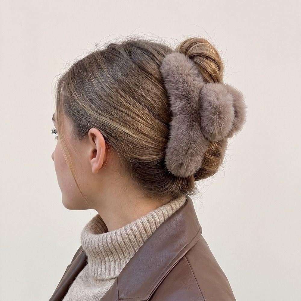 Pure Color Faux Fur Large Hair Clip Leopard Print Winter Hair Accessories Sweet Grasp Clip Girls