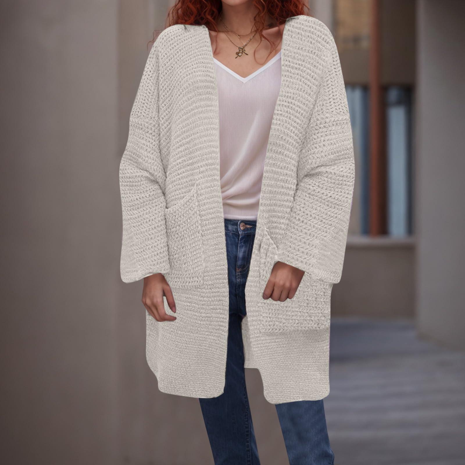 

Женская мода однотонный трикотажный кардиган с V-образным вырезом и свободными карманами L бежевый
