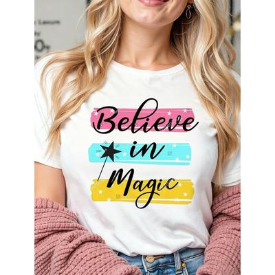 European Size Black Star White Background Playful Font Digital Art Simple Design Cheerful for Women Summer Short-sleeved Printed T-shirt