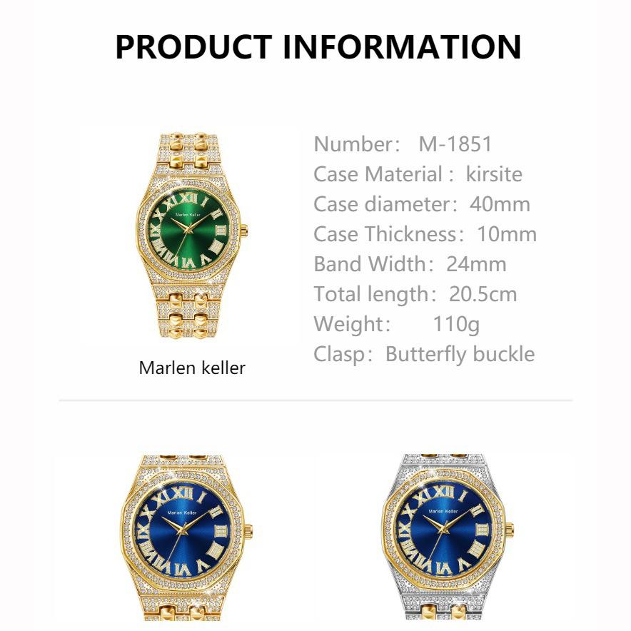 Mens Bling Diamond Watch Zinc Alloy Waterproof Quartz Wristwatch Roman Numerals Fashion Hip Hop Iced Out Watch for Men