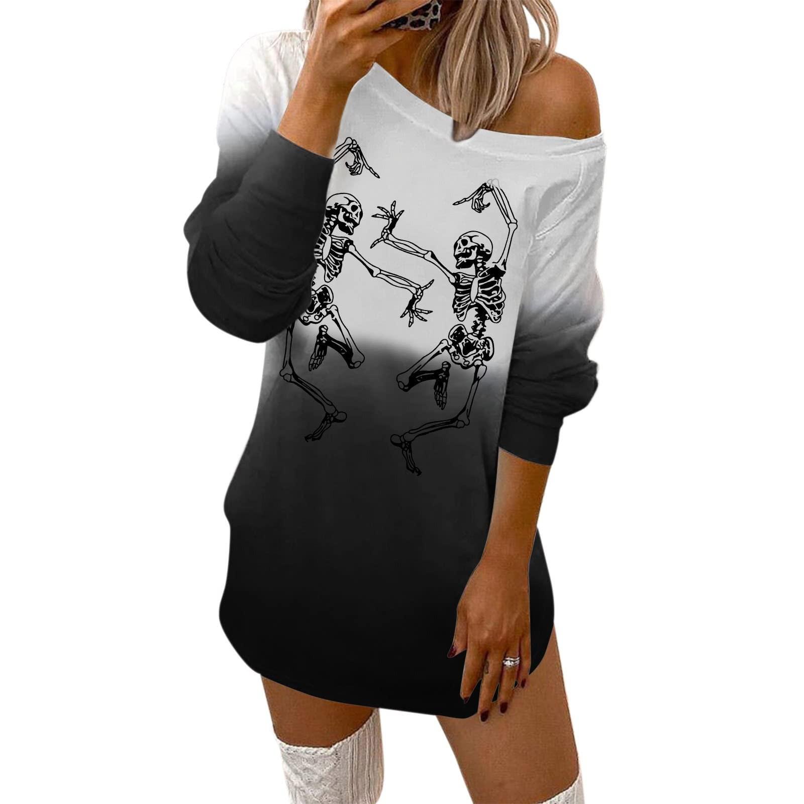 

(SU)Модный женский осенне-зимний повседневный топ с длинным рукавом с круглым вырезом и принтом на Хэллоуин