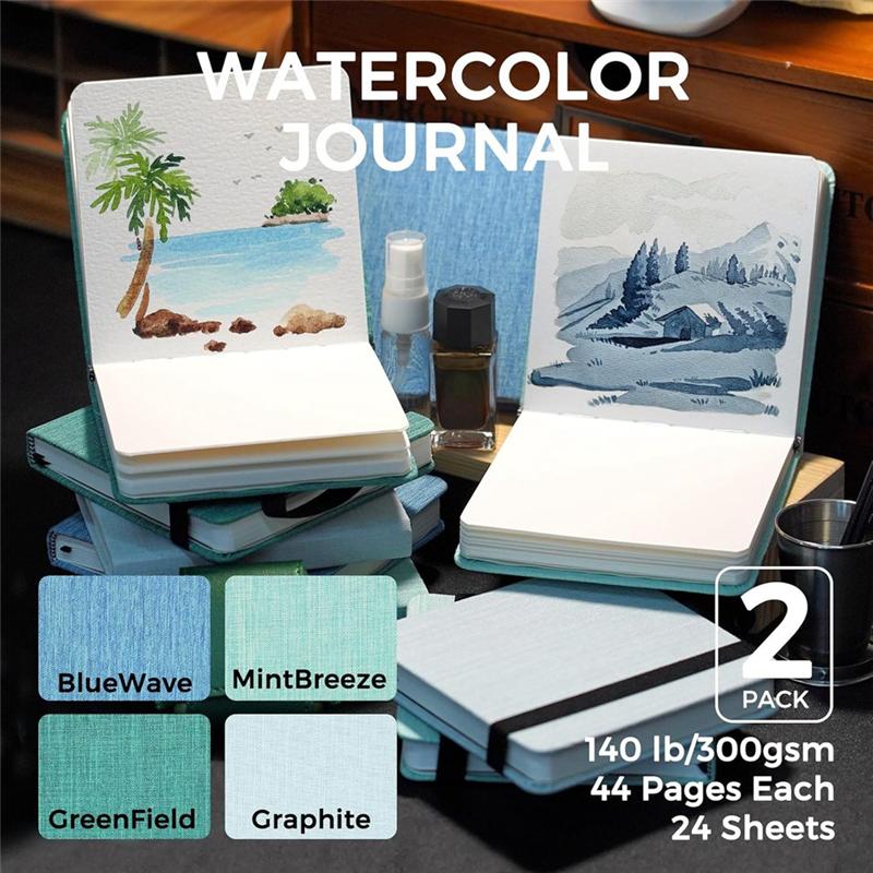 

Watercolor Journal, 4.7X4.7, 2 Pack, 24 Sheets Each, Cotton Hot Press, 300Gsm/140Lb, Art Supplies