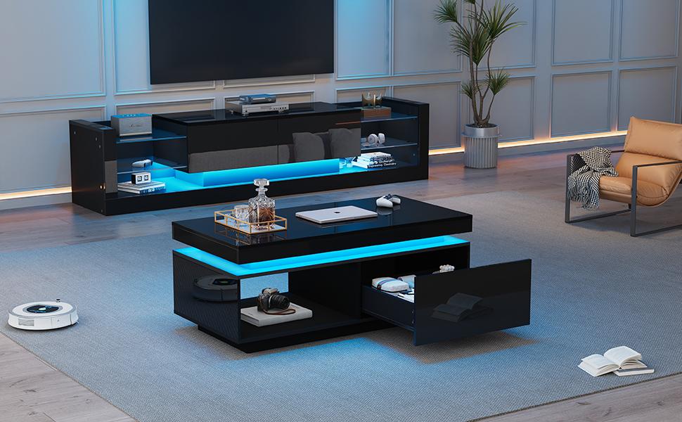 Modern High-gloss Coffee Table with LED Lighting, 100x50x40.3 Cm – Elegant Table with Drawer and 50 Kg Load Capacity
