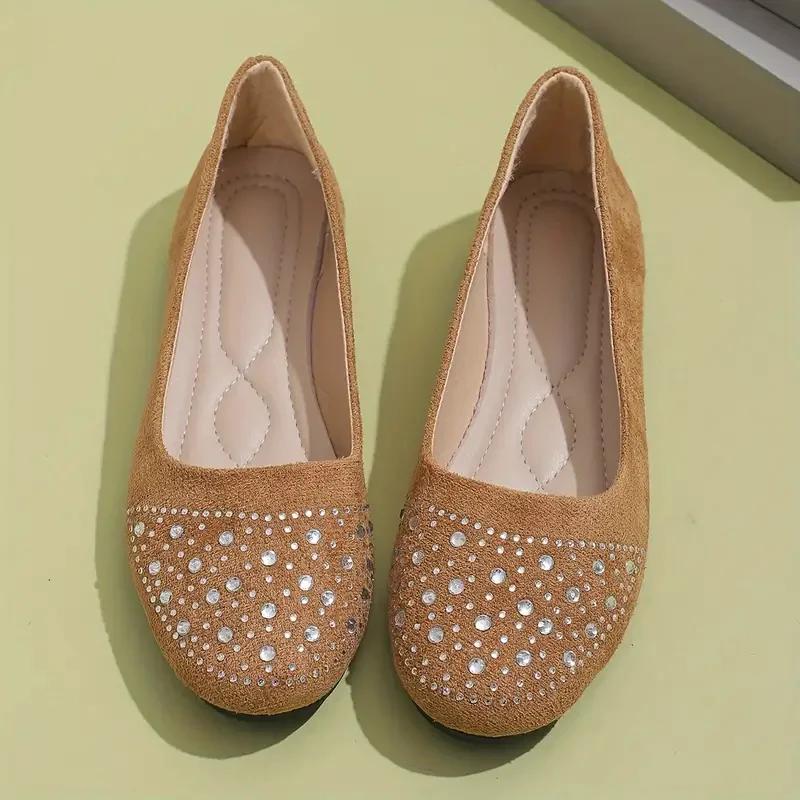 Platta Skor Dam 2026 Lätta Ballerina Sneakers Dam Glänsande Kristall Lågskor Dam Flock Mjuk Sula Gångskor för Dam