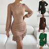 Round Neck Knitting Dress Waist Hugging Elegant Dress for Women Long Sleeve Solid Color Loose Dresses Causal Lotus Leaf Edge Dress