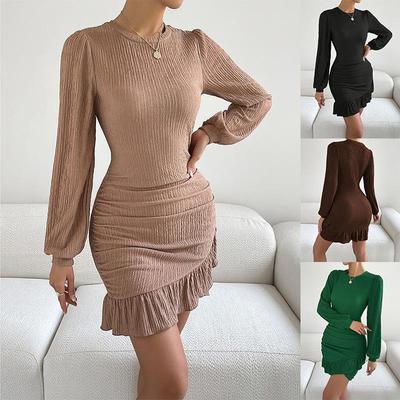 Rundhals Strickkleid Taillenbetontes Elegantes Kleid für Damen Langarm Einfarbig Lockere Kleider Lässiges Lotusblatt-Kantenkleid