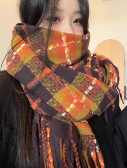 Plaid scarf female Korean atmosphere warm new dry powder autumn and winter Korean version soft fringed shawl