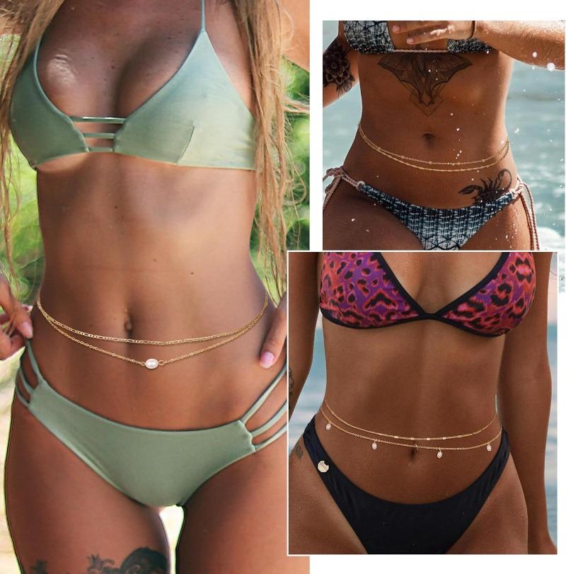 2Pcs 18K Gold Plated Waist Chains for Women Layered Belly Chains Pearl Beaded Chains for Waist Sexy Bikini Summer Beach Jewelry
