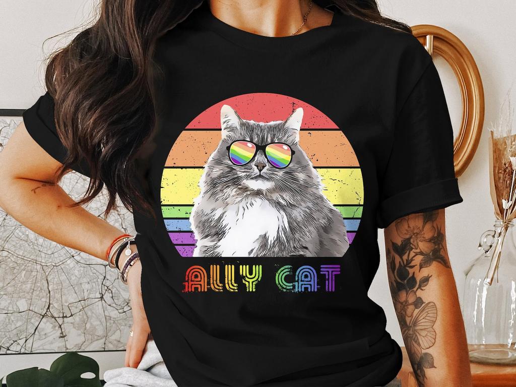 Rainbow Cat T-Shirt, Ally Cat with Sunglasses, Unisex Pride Fashion Tee, Colorful Cat Lover Gift Idea