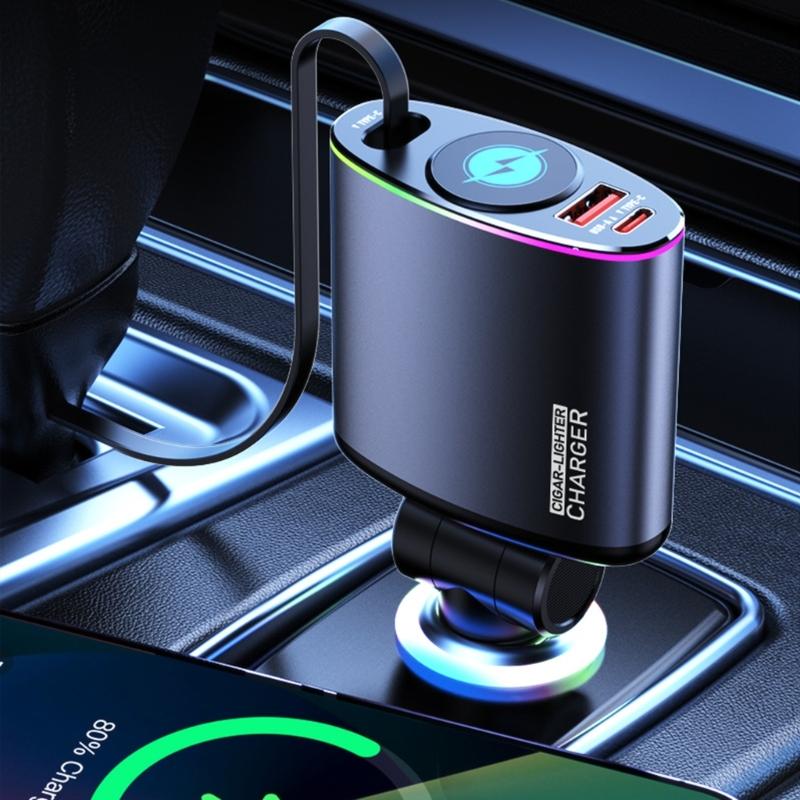 66W Fast Charging Car Adapter with Extendable Type C Cord & USB Slot Suitable for Smartphones and Tablets, Mobile Device