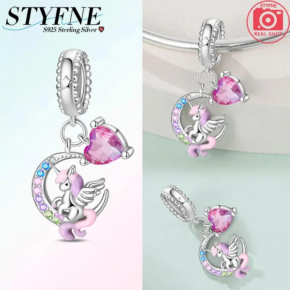 Exquisite Pink Color Charms Beads Copper Cute Girl Wonderland Unicorn Colour Heart Shape Pendant Fit Bangle Bracelet Jewelry