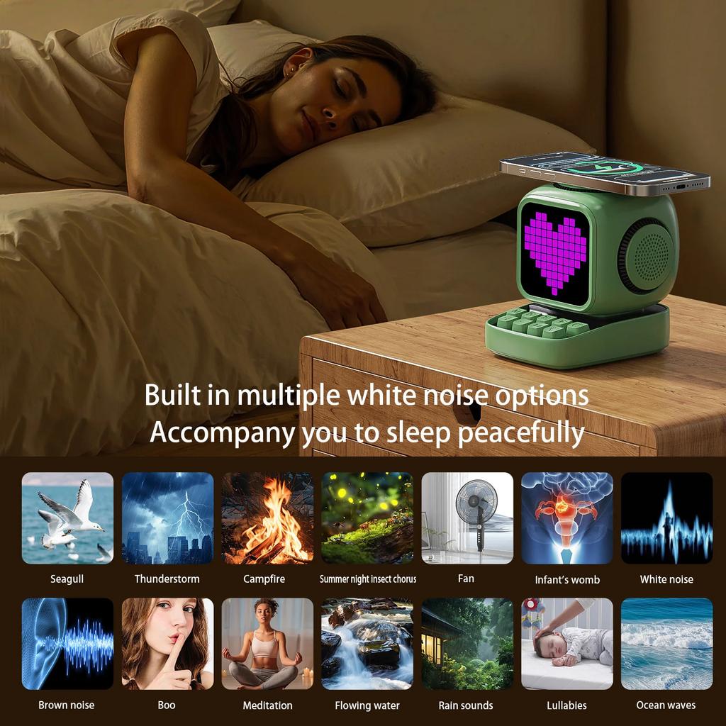 Wireless Charger Stand Retro Pixel Art Bluetooth Portable Speaker Alarm Clock LED Display Board Cute Gift Home Light Decoration