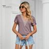 Tee Top V-neck Petal Short Sleeve Women T-shirt Summer Shirt Golden Lace Stitching Loose Pullover Streetwear