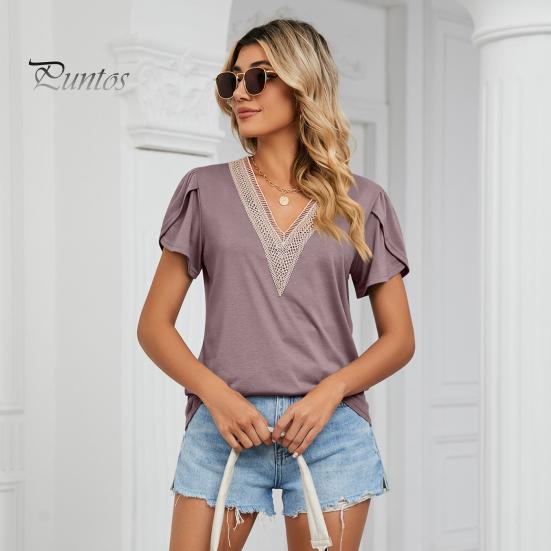 Tee Top V-neck Petal Short Sleeve Women T-shirt Summer Shirt Golden Lace Stitching Loose Pullover Streetwear