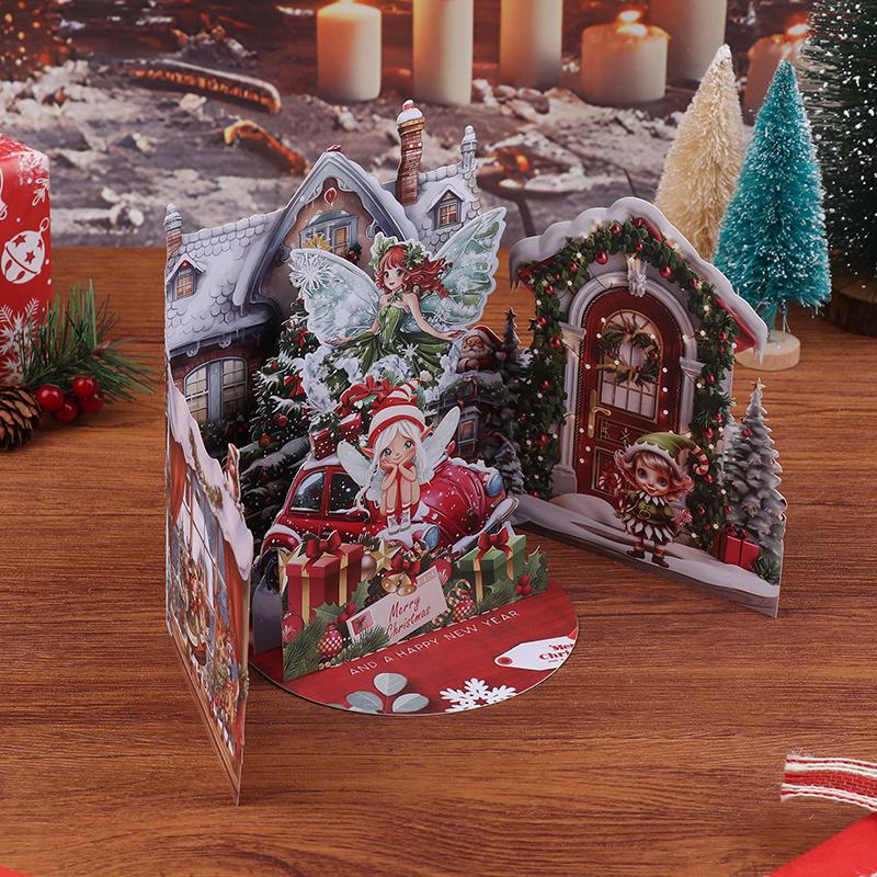 

3D Christmas Card Night Before Christmas Scene With Santa, Girl, Snowy Village Festive Holiday Greeting Card