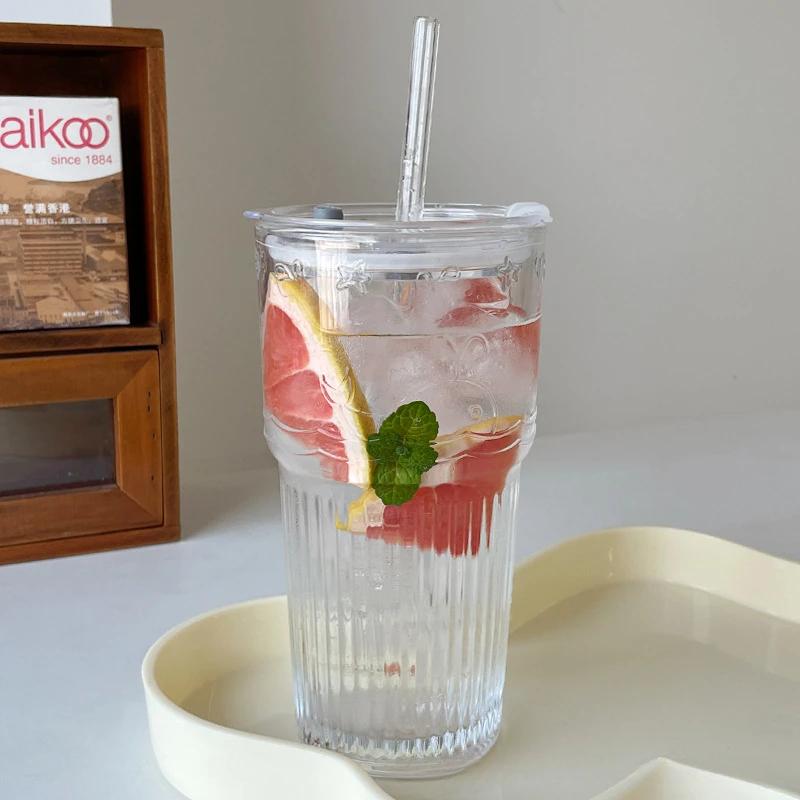 

1 шт. 550 мл полосатый стеклянный стакан с крышкой и трубочкой прозрачный питьевой стакан для сока ледяного кофе вода чашка для уличного питья подарок 550ml