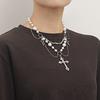 Victorian Gothic Cross Rosary Necklace With Chain Charm Handmade Sacred Pearl Beaded Necklace Layered Necklace