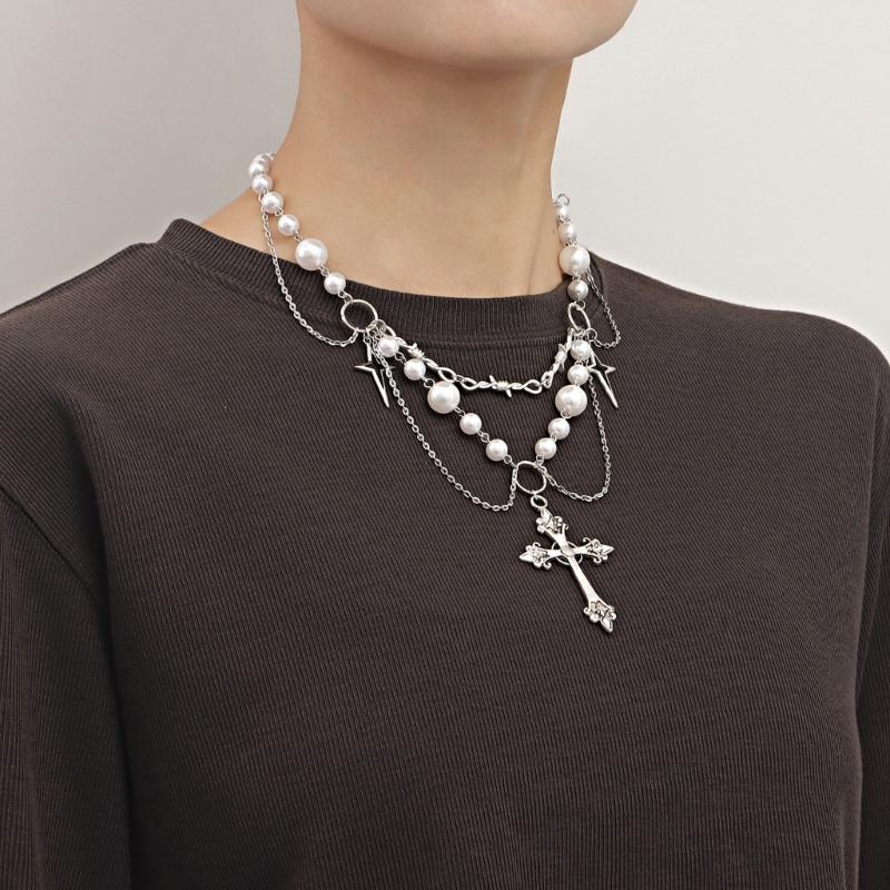 Victorian Gothic Cross Rosary Necklace With Chain Charm Handmade Sacred Pearl Beaded Necklace Layered Necklace