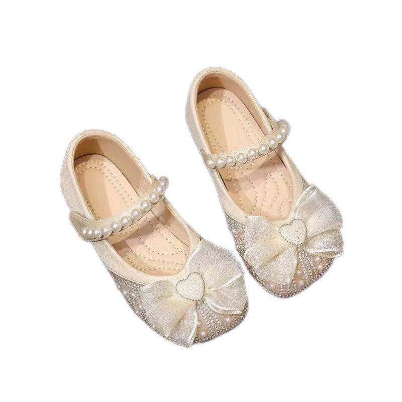 2026 Spring Girls' Princess Pearl Bow Leather Dress Shoes with Rhinestones - Korean Style, Soft Sole