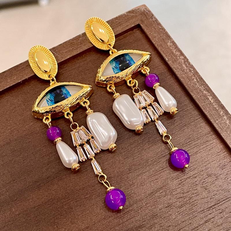 Vintage Baroque Pearl Zircon Tassel Earrings with Crystal Accents