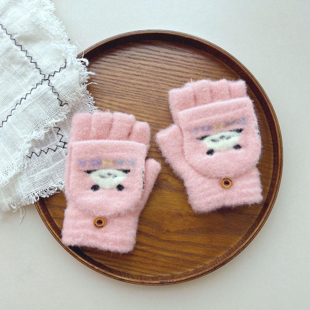 Kinderhandschuhe Winter Warm und Kälteschutz für männliche und weibliche Babys Niedliche Cartoon Plus Samt Klappbare Halbfingerhandschuhe